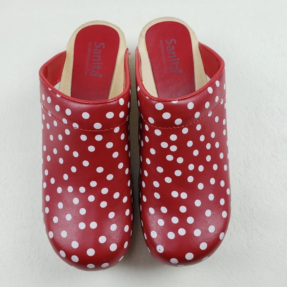 Sanita Fenja Polka Dot Clog Womens US 7 EU 38 Red Leather Slip On Wooden Shoe - Picture 6 of 16